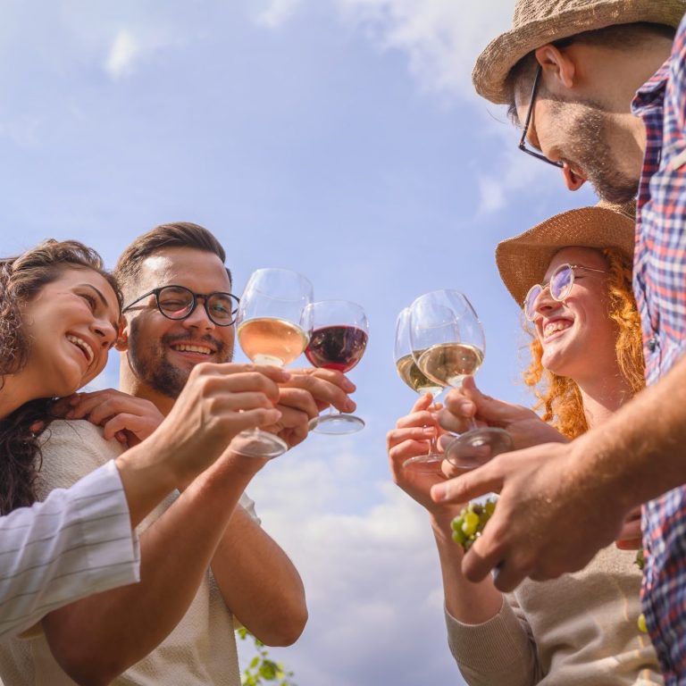 Vier fröhliche Personen stoßen mit Weingläsern an. 